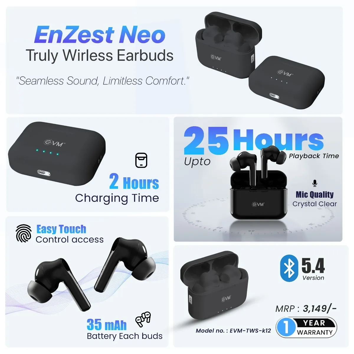 EVM Wireless Bluetooth Earbuds Enzest C Truly Black (TWS-K12) view 4
